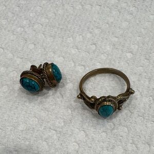 Turquoise Stone Ring and Earring Set